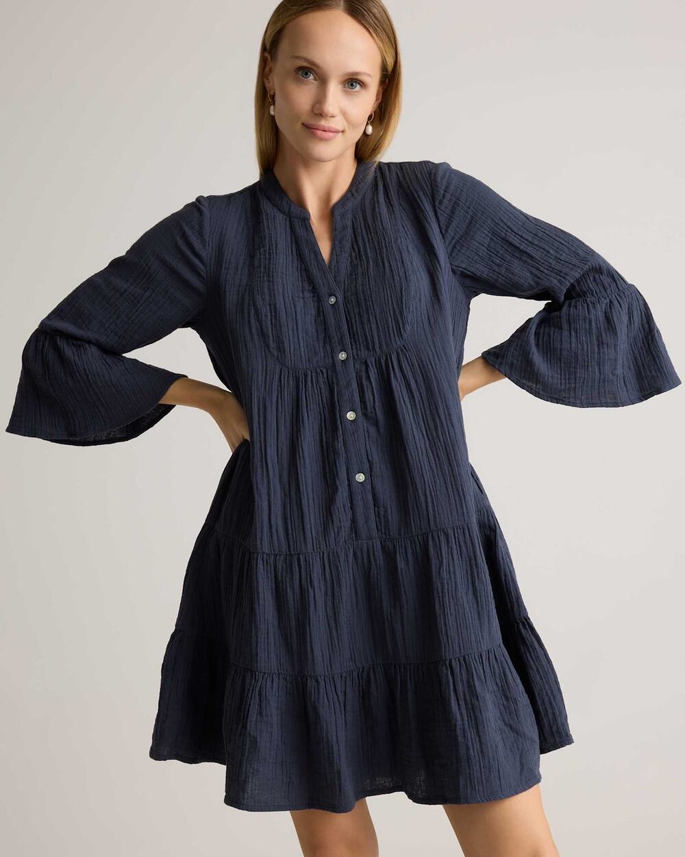 Quince Blue Gauze 100% Organic Cotton Tiered Bell Sleeve Mini Dress Size XL